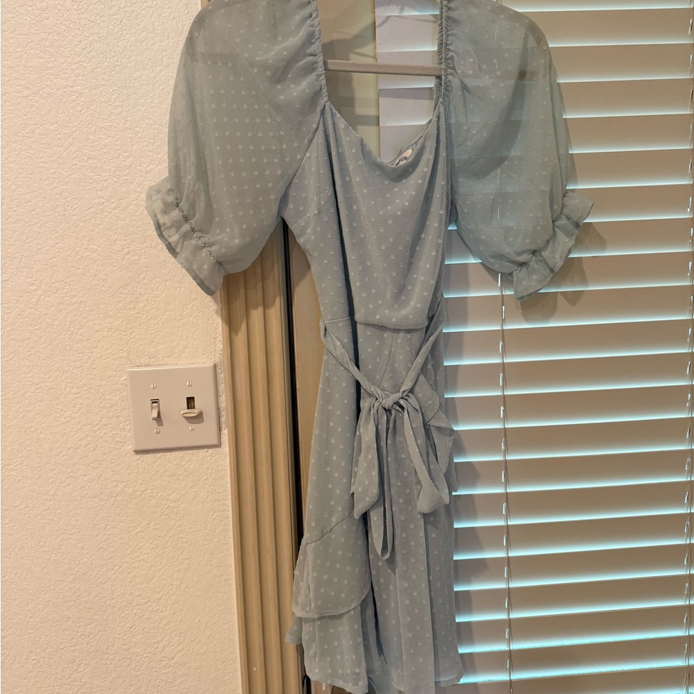 Blue Rain Light Blue Mini Dress with Puff Sleeves